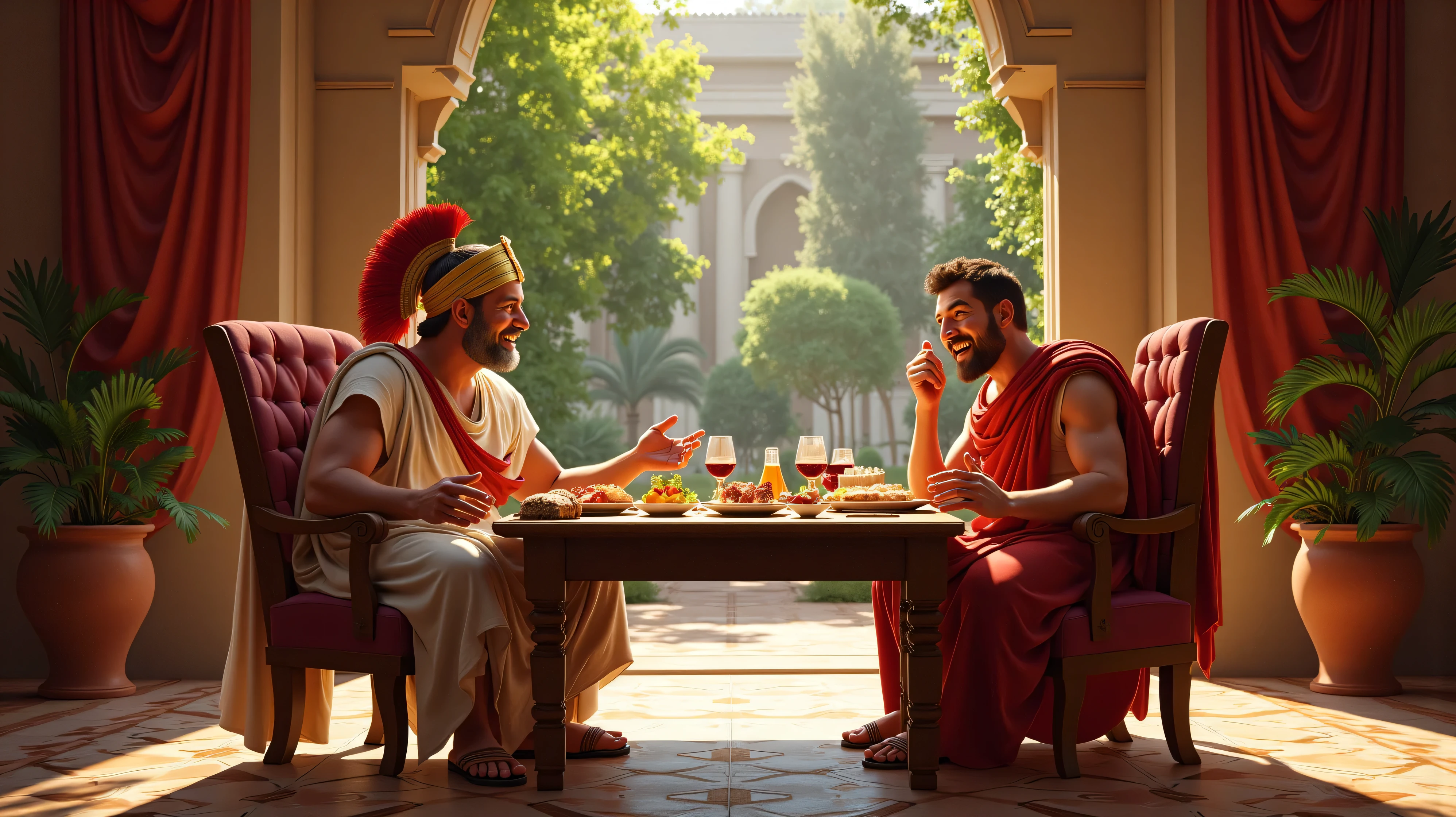 Ancient roman guy having dinner with horse
