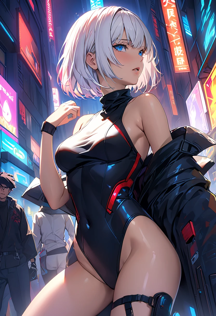 ((1girl)),((alone)),lucy ,lucyna kushinada,(masterpiece), (best quality), (ultra detailed), (best illustration), (best shadow), (absurdities), sharp focus, shot cowboy, dynamic pose looking at viewer, small breasts, narrow waist, wide hips, wide thighs, round butt, dynamic posture, nude, erotic, romantic, (very detailed eyes, lips 1.1), very detailed eyes, blue-gray eyes, eyes very detailed, Beautiful figure, Slim, Slender figure, shapely legs, white hair, Bob hairstyle, Cutouts on the shoulders, Cutouts on the chest, Neckline at the waist, black stockings, Short black skirt, Very detailed face, Very beautiful face , full height, Beautiful slim figure, femininity, expressive appearance, elastic small breasts, increased sexuality, calm look, closed mouth, serious expression, (sexy pose: 1.2), ((only)), standing: 1.3, outside , cyberpunk cityscape, rainy city, streets, city lights, night, neon lights, looking forward, ((focus on hips), point of view (from below), red blush, perfect anatomy, perfect hands.