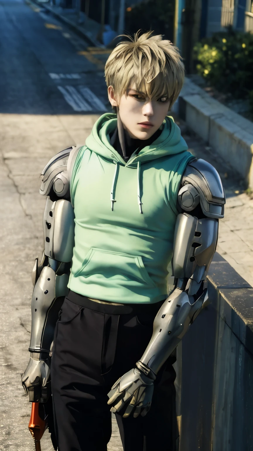 (masterpiece, best quality:1.4), colorful, high contrast, genos hoodie, sleeveless, black pants, mechanical arms, city, day, sunlight