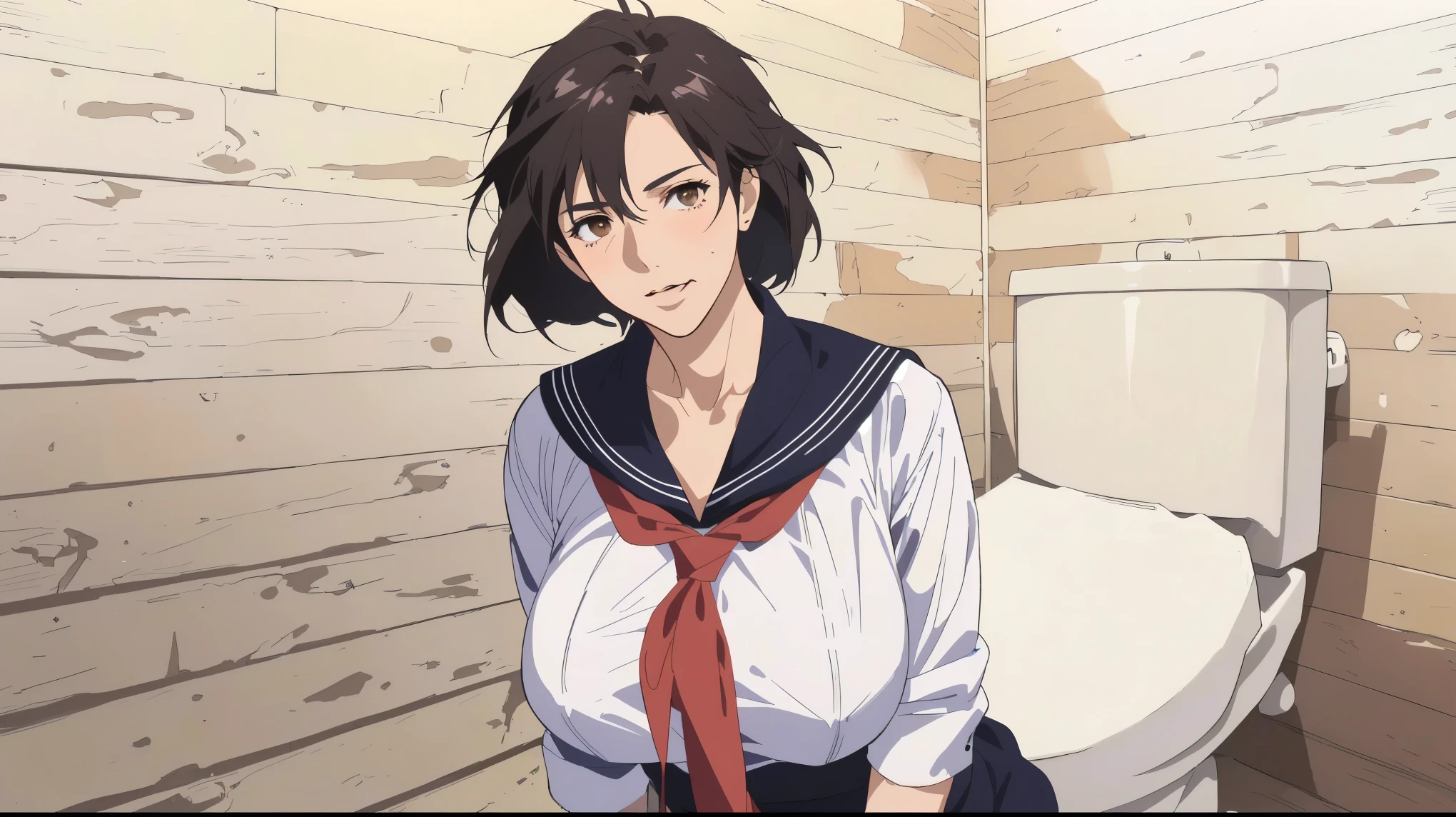 best quality, bright、mature mom,80歳, Quiet mature Mom , ((( Small Wrinkles Around His Eyes and Mouth :1.2)))、detailed face, brown hair, Mesh Bang Hairstyle, brown eyes, (Big Breasts), shy and embarrassed mature mom, (mature mom in tight and white sailor suit:1.3) ,(red scarf with black nose:1.4)、 there is toilet with wood walls ,(Simple Western-style whight toilet.Move to the right edge of the screen:1.2), realistic high school mature mom , female protagonist 👀 :8, Bewitching Anime mature mom , Makoto Shinkai ( Apex Legends ), Fine details, a hyper realistic high school mature mom , charming anime mature mom, Makoto Shinkai art style, Makoto Shinkai style, Makoto Shinkai. Digital Rendering , Makoto Shinkai and artgerm, Fubuki, Makoto Shinkai!, Makoto Shinkai!!,