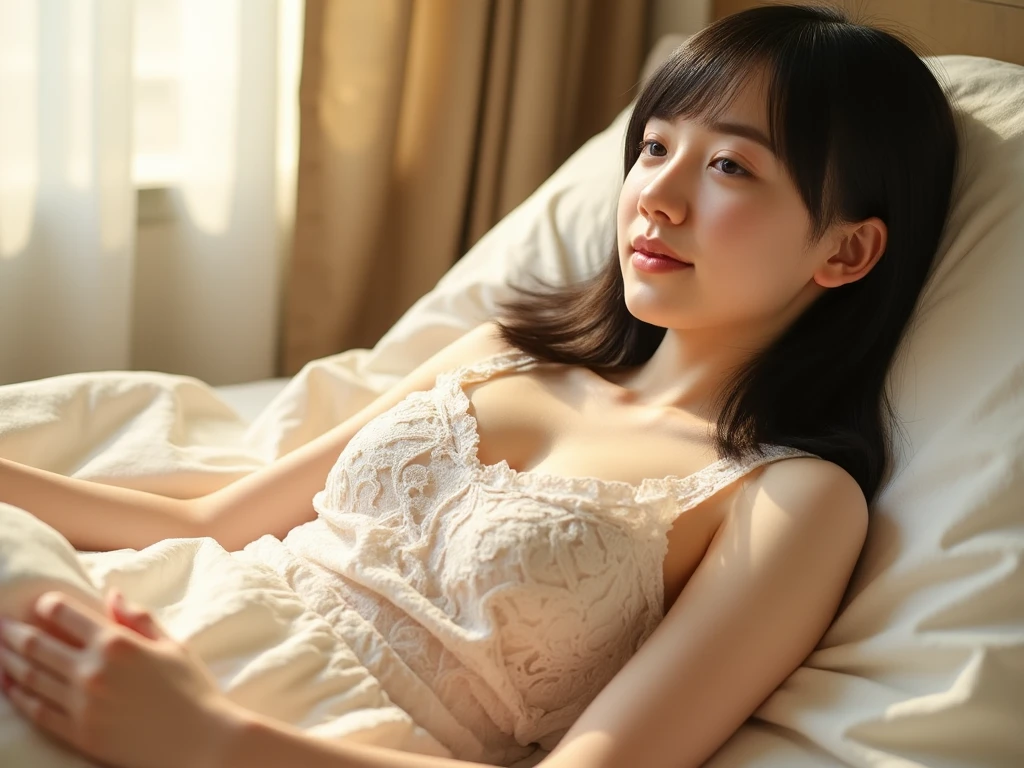 (masterpiece), high quality, high resolution, 8K, Slender Japanese lady, 30 years old, correct human anatomy, {short|long} hair, detailed face, closed eyes, wearing sheet sundress, lying on her back on the bed in a hotel, sleeping, in the dark in a hotel room, full body photo