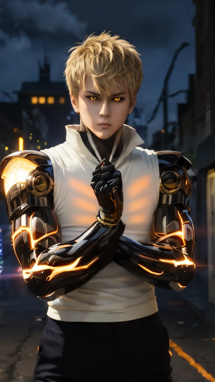 (masterpiece, best quality:1.4), colorful, high contrast, genos white shirt, sleeveless, black pants, mechanical arms, glowing, glowing eyes, glowing hand, standing, fighting stance ,city as background