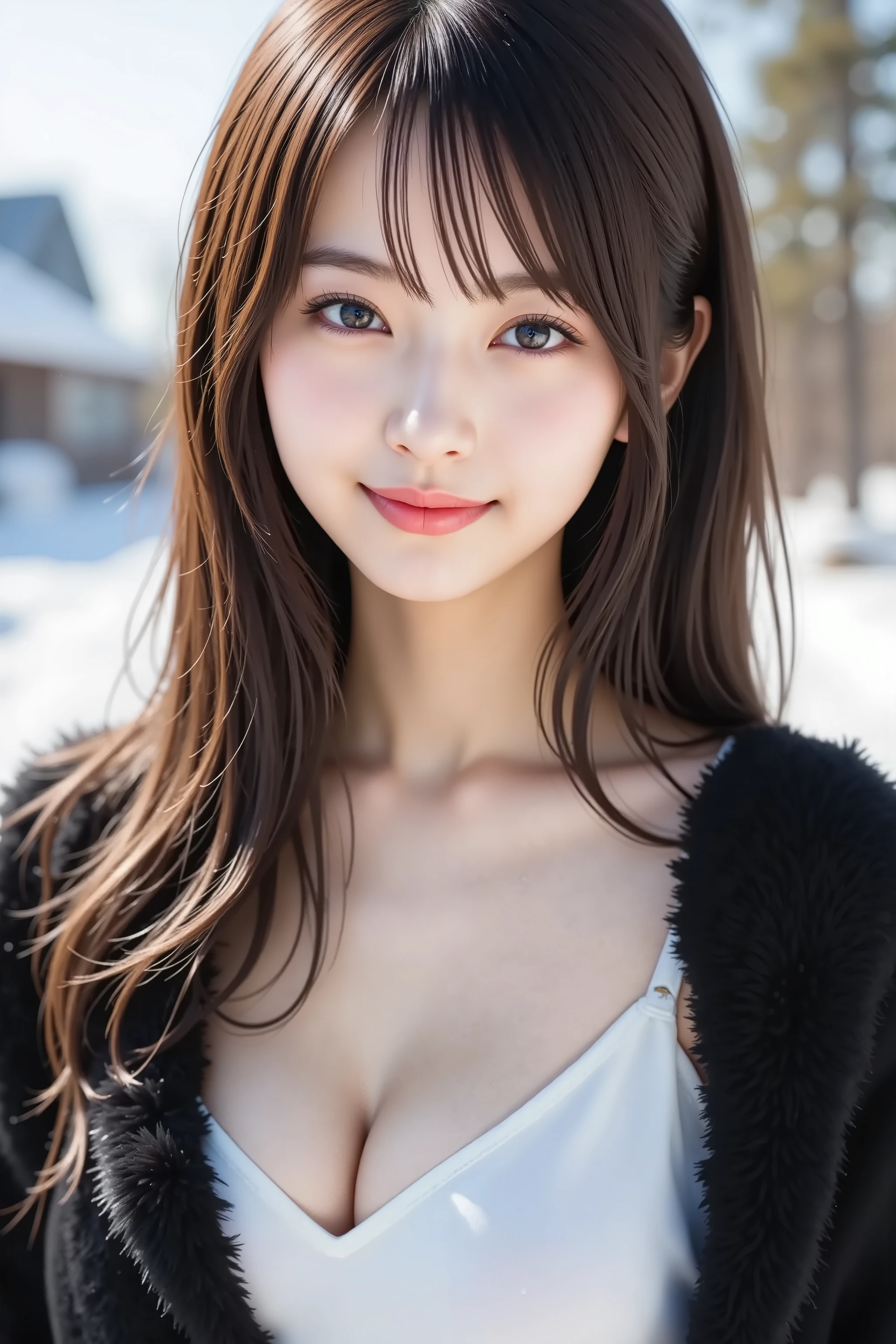 with the face positioned exactly in the center of the image , Upper chest , illustration of a woman with a penis ,  I can clearly see my face  、 snowy black fur coat, Outside a snowy winter landscape, long hair、bungs, smile, young and cute Japanese face , Official Art, high image quality during sick leave CG Unity 8k wallpaper,Ultra high image quality during sick leave , very detailed, high image quality during sick leave , FILM GRAIN , lens flare glow , top quality ,8k, snowy black fur coat as a ,8k, viewer ,  masterpiece,top quality ,very detailed, it's cute , sexy,very detailedな,Detailed Features ,beautiful, Illustration of a Woman Having a Penis , beautiful Japanese woman, Women&#39;s 1 ,  tight breasts