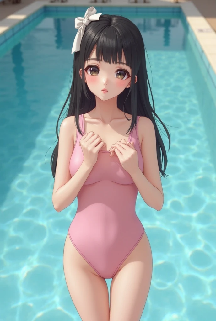 masterpiece,best quality,highres,ultra-detailed,cowboy_shot,solo,1girl,flat_chest,straight_long_hair,standing,outdoors,garden,cherry blossom,trees,blue middle_cut_out_swimsuit,<lora:middle_cut_out_swimsuit:0.8>,