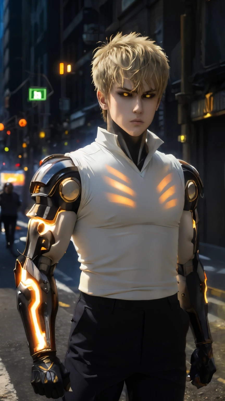 (masterpiece, best quality:1.4), colorful, high contrast, genos white shirt, sleeveless, black pants, mechanical arms, glowing, glowing eyes, glowing hand, standing, fighting stance ,city as background