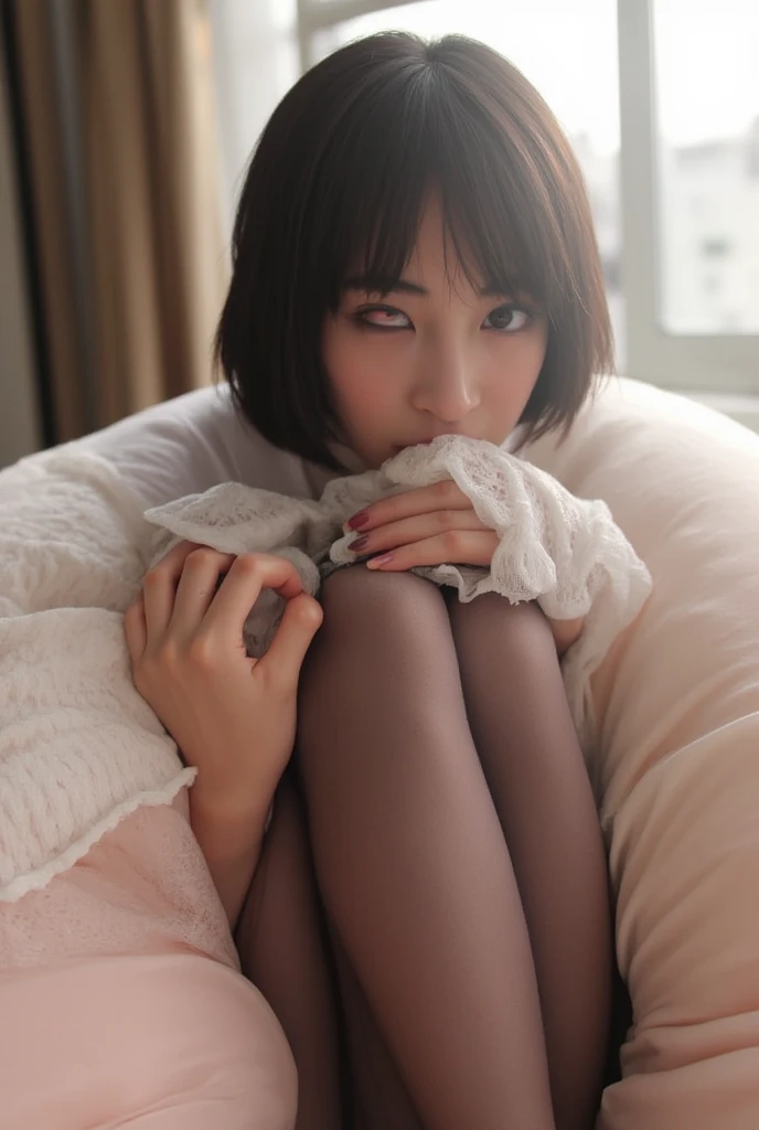 masterpiece, best quality, Practical, 8k, official art, Movie Lighting, Ultra-high resolution, 1 Girl, White sweater dress, torn pantyhose, sitting, on the bed, bedroom, Sunlight, Looking at the audience,