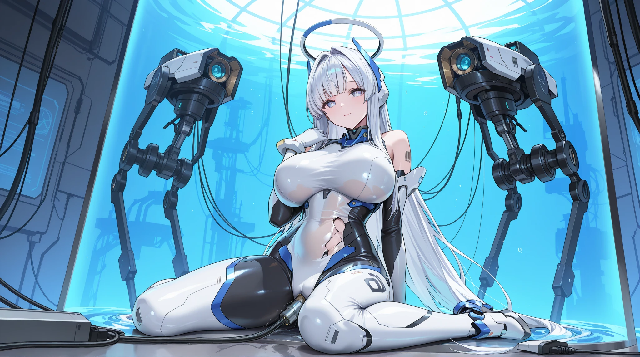 In the bathroom at home、A white-haired android girl is taking a shower、Exposed nipples and genitalia。Her eyes are glowing blue、The arms and legs are mechanical.、Completely human except for the arms and legs。The female genitalia are clearly visible。The android girl is standing upright。Android girl is naked。Their skin is exactly the same as that of humans。No clothes。Wet in the shower。Ahegao。