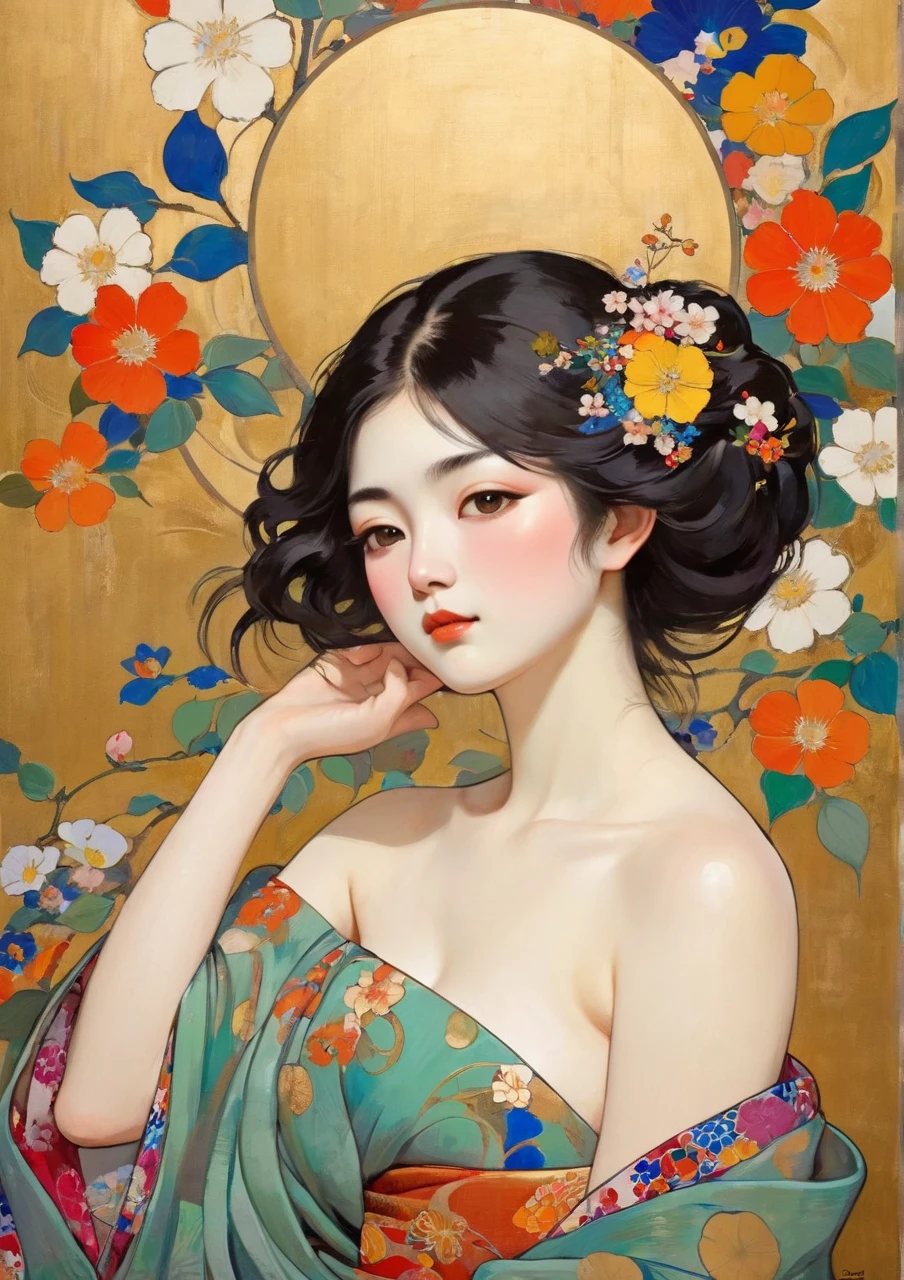 Masterpiece Japanese Painting, Klimt style masterpiece, flat art, Simple Crepe Painting,      abstract,    lots of flowers   , I'm staring at a flat illustration, 40 years old, Off Shoulder, half-open, sexy,  Bold composition, ,Slightly round face、