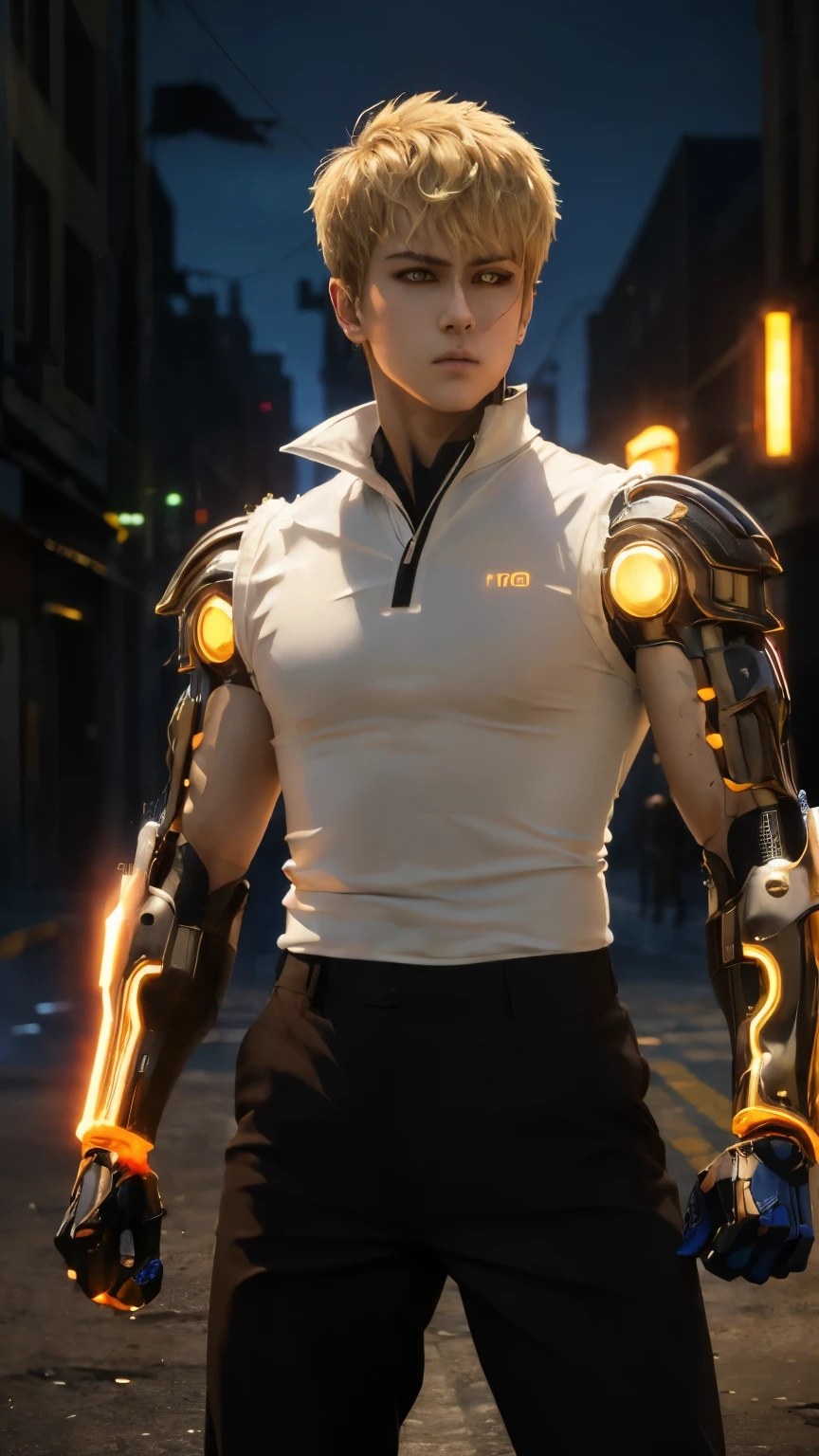 (masterpiece, best quality:1.4), colorful, high contrast, genos white shirt, sleeveless, black pants, mechanical arms, glowing, glowing eyes, glowing hand, standing, fighting stance ,city as background