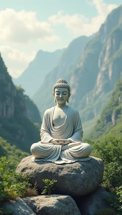 Mahavira grey statue, less detailed, with no clothes on upper body, meditating, on a big mountain, further from front