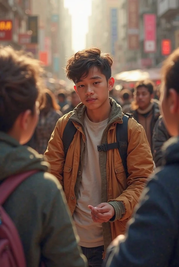 Creat a 18 boy try to talking with 4 peoples who standing Infront of his , the boy opening his hands and try to explain something, background is a normal road, 8k very ultra realistic