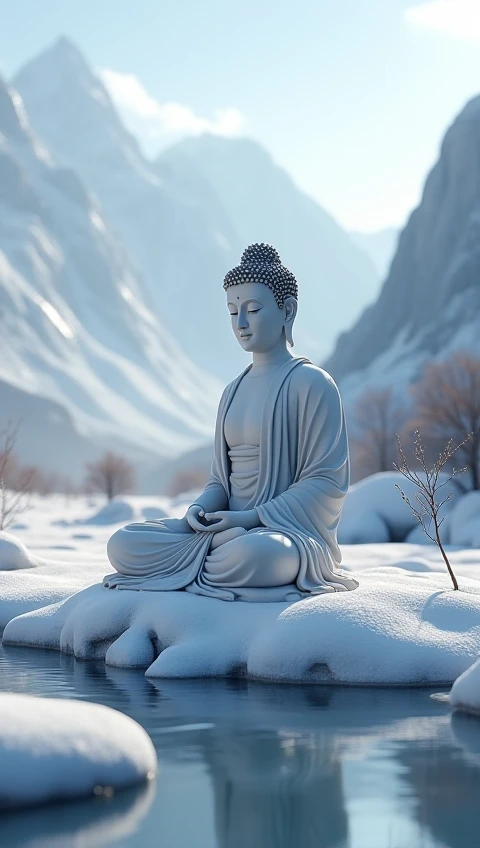 Gray sky，Foggy，A huge three-dimensional Buddha statue sculpture in a snowy mountain，Its form is pinched，In front of the sculpture is a path，Along the trail is a snowy field，Deep footprints were left in the snow。8K HD realism