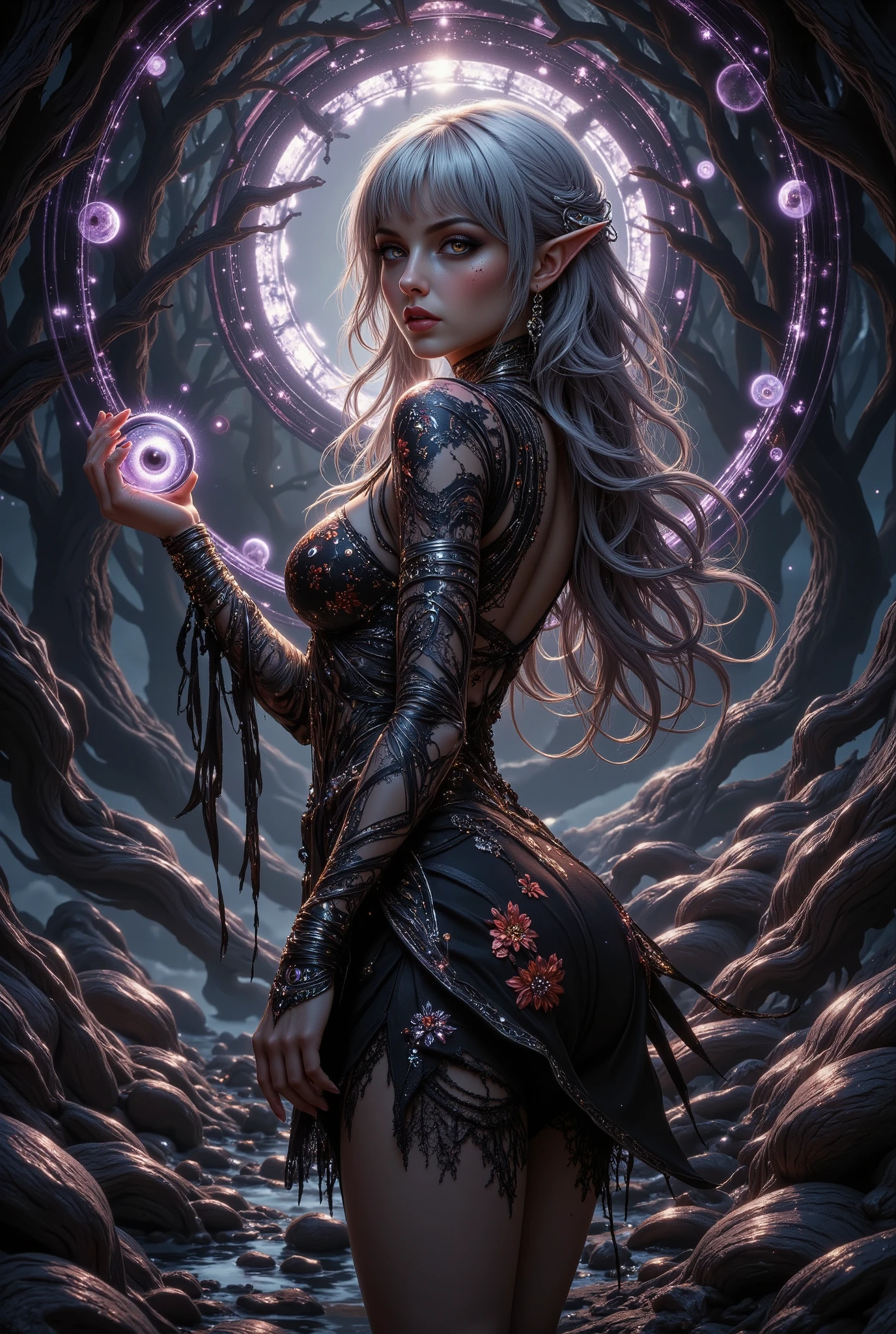 (Ultra-detailed face, Looking away, Gothic Illustration, Dark tone colors. She has five fingers on her hands and five toes on her feet.), BREAK
(Light gray ink rolls across the dark gray underwater-like space, spreading slowly like a cloud. The landscape looks down from above.), BREAK
(The dark elven female fortune teller turns her back, twists her body in a daring pose, and assumes an oblique posture. She reaches up and pulls out a realistic giant cat's eye prosthesis, a futuristic mechanical device 10 feet in diameter, from a magic circle-like portal made of multiple snoring circles that glow purple in the air. The prosthetic eye stares back at us.), BREAK
(She has gray hair, gray eyebrows, blunt bangs, long wavy messy hair down to her heels, small pink lips, golden cat eyes, dark gray skin, and thick eyeliner.), (She wears a black and gold machine-made ribbon tie and a lace-up dress of black machine-made fabric with silver lace ruffles and embroidered red-copper wisteria flowers. She wears silver-white machine heels.)
