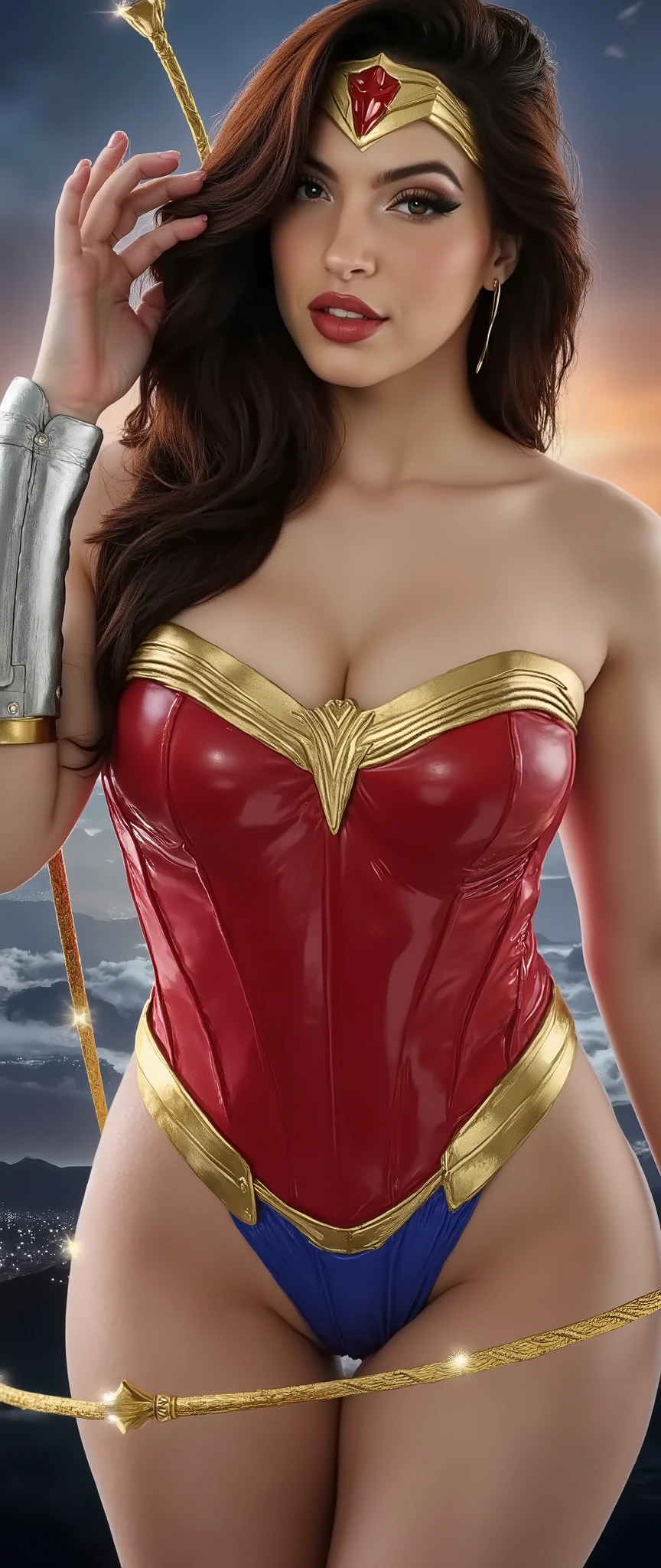 sexy_wonder_woman_cosplay,detailed_facial_features,confident_expression,heroic_pose,flowing_hair,golden_lasso,bulletproof_bracelets,4k_resolution,photorealistic,professional_lighting,dramatic_studio_lighting,dynamic_action_scene,fantastical_environment,mythical_landscape,glowing_energy_effects,cinematic_composition,vibrant_colors,masterpiece
