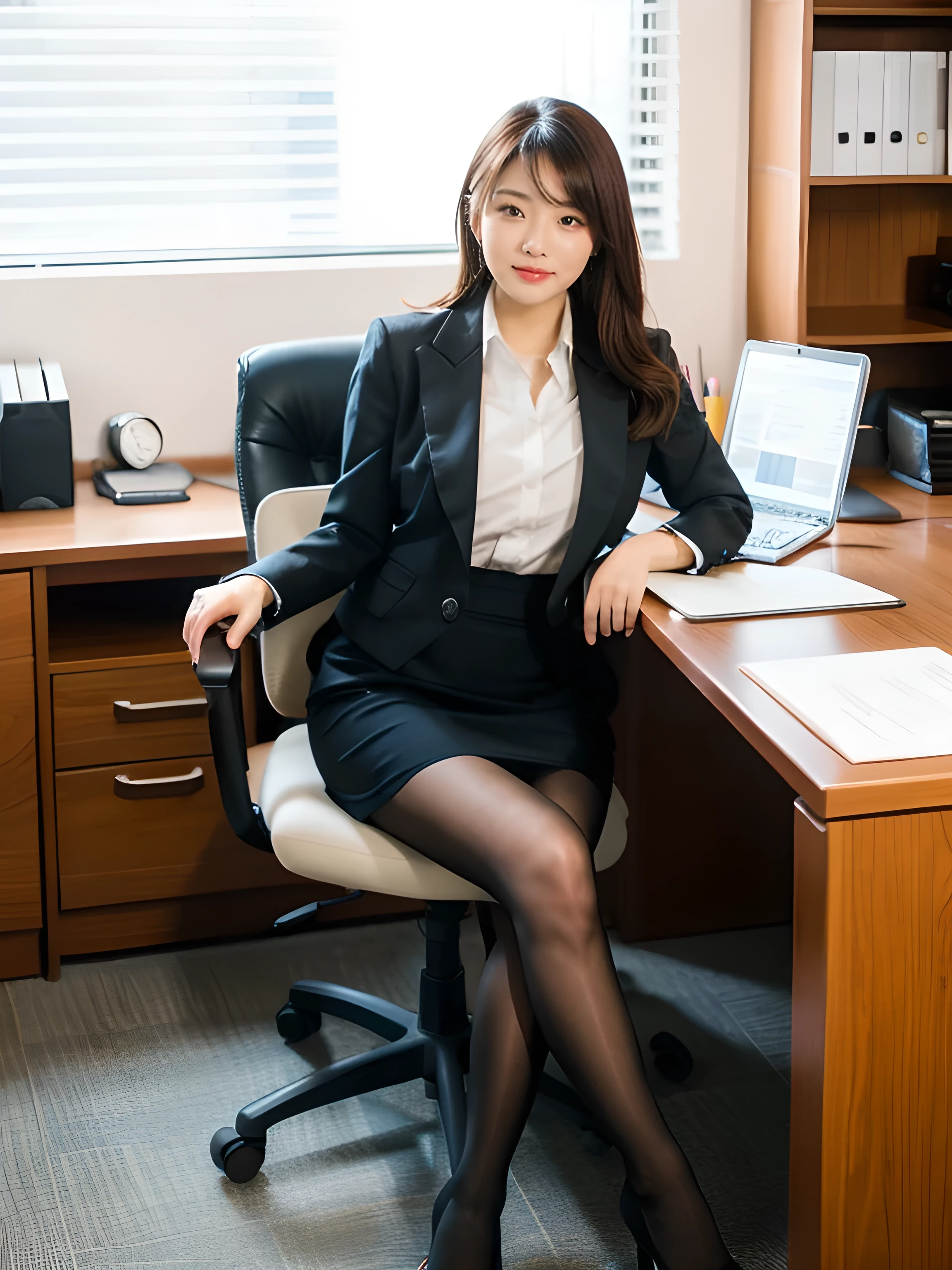 ​((masterpiece, Better Quality, hight resolution, Photorealsitic:1.4, Raw photography, high quality image)), ((portrait:1)), 1Milf sitting on office chair, wearing business suit, black stocking, curvy shape:0.5, very detailed and professional lighting, (cute facial expressions),