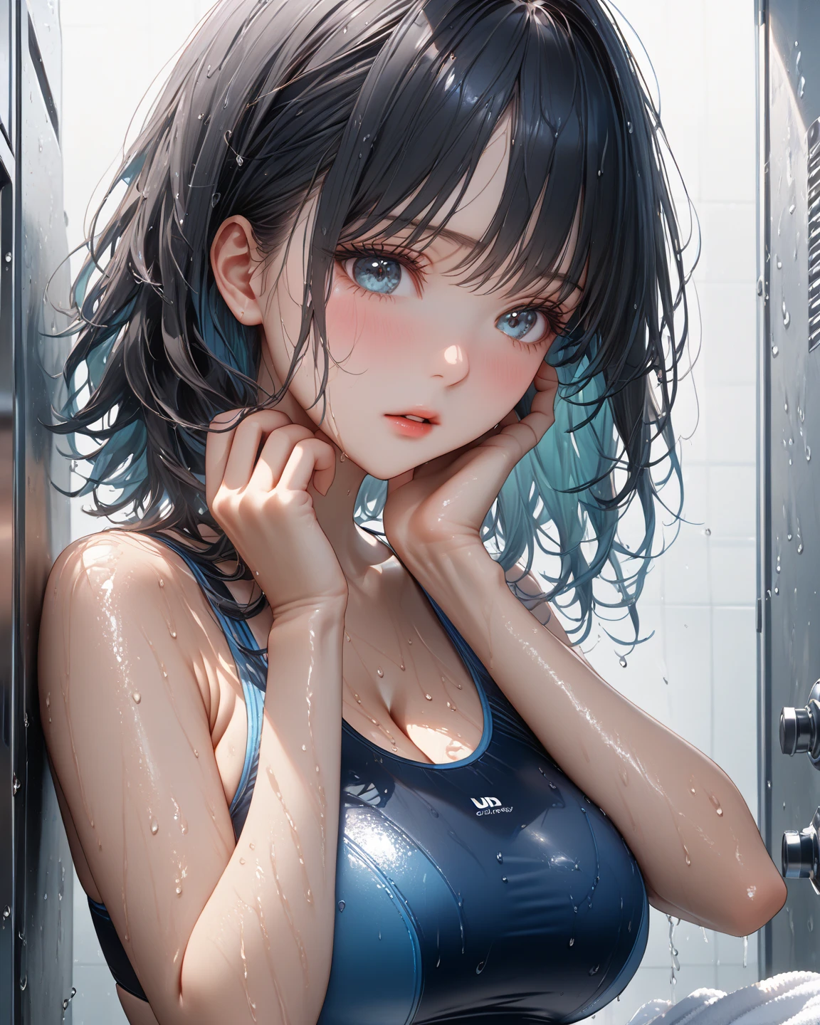 (I take a shower：1.5)、look up、fleeting expression、put your hand on the wall、(Morning light shining through the window)、profile。naked, close up face, girl,1 person, solo, 16 years old, Detailed beautiful face and eyes, Fashion Model, tall, thin legs, brown eyes, medium chest, (super short hair:1.2), (bangs:1.2), (brown pink hair:1.2), (Well-proportioned body:1.1), (dynamic angle:1.3) (masterpiece:1.2) , (Highest image quality:1.2) , (Super detailed:1.2), from below、Nude、wet hair、dripping water、