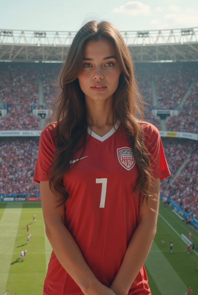 A photorealistic image of a 23-year-old woman with brown eyes and ...
