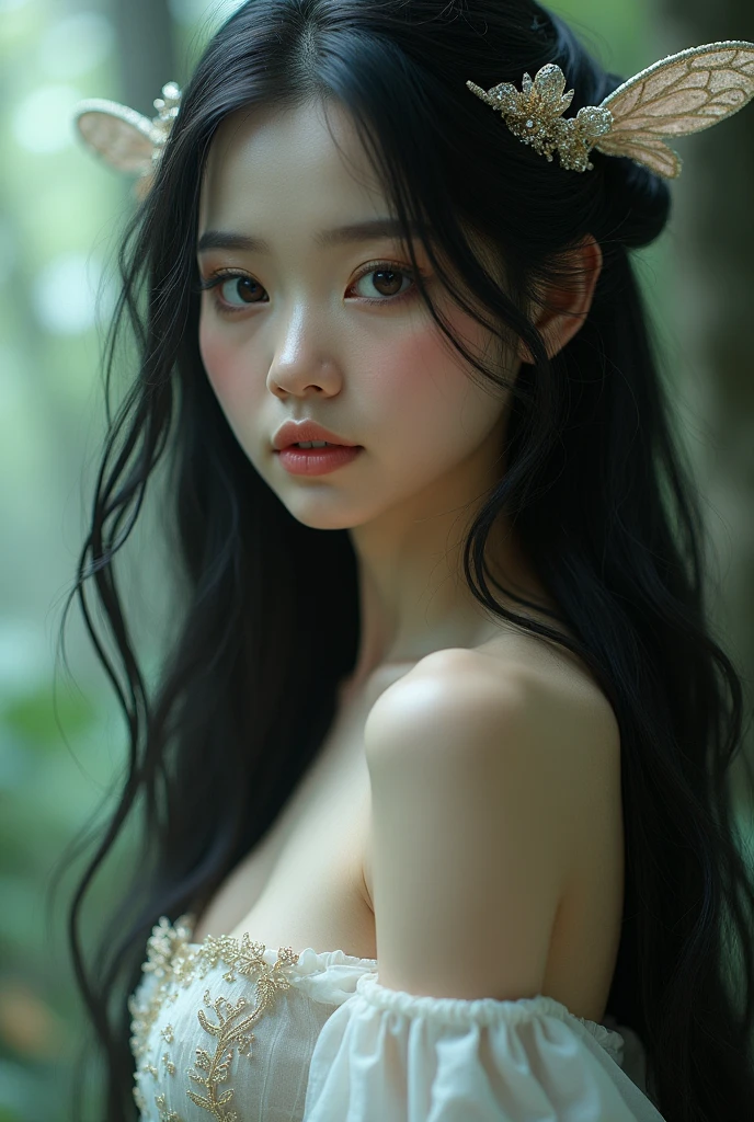 Naked  Beauties、Cover your nipples with both hands、Long black hair、White skin、A beautiful woman with a mysterious expression、Standing in a foggy forest at night。she、In Japanese folklore, this monster is known as Onmoraki.。Onmoraki is、With an uneasy yet captivating gaze、Set against an atmospheric misty forest background