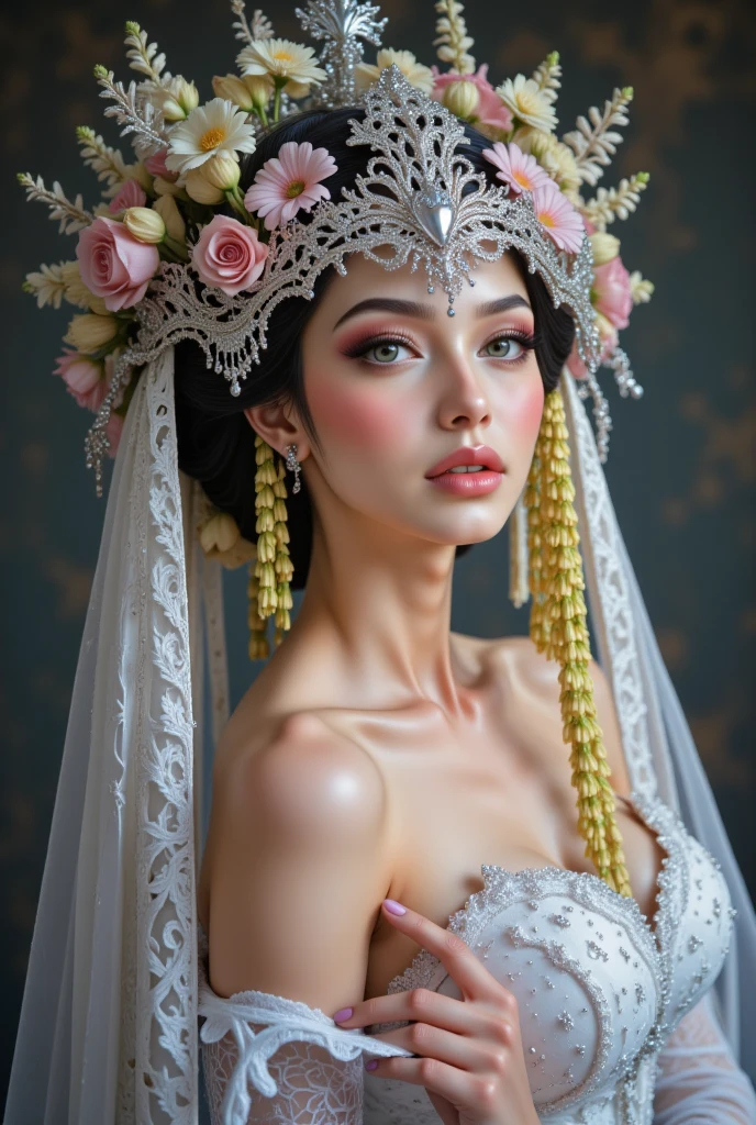 commercial photo of model half body portrait of a young beautiful bride symmetrical face Baroque, Rococo, Surrealism, unreal engine, all white all-white floral carving panels on the walls as background, intricate complexity high resolution, whimsically designed, portrait of a young beautiful bride, symmetrical face, perfect lighting, photorealistic 32K UHD, Pentax K-1 Mark II, Nikon AF-S Nikkor 14-24mm f/2.8G ED --ar 16:9 --style raw --v 5.1 --s 750 --q 2