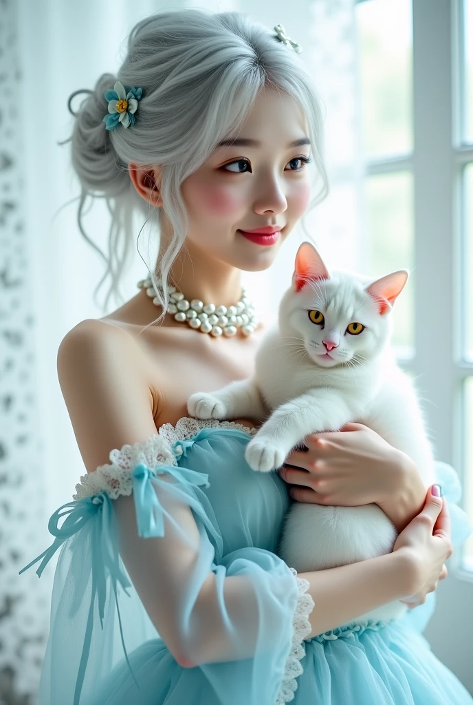 A gray-haired girl with very white skin and very red lips, wearing a white dress with blue embroidery, who is hugging a white Persian cat with black spots.