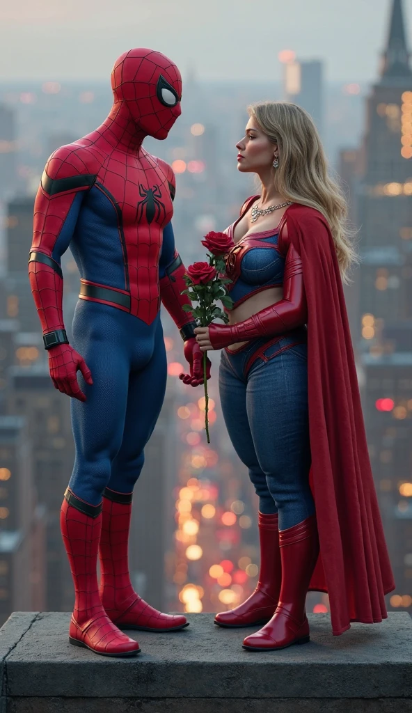 Thirty-year-old boy, 1.80 tall, brown hair and blond eyes, dressed in the Spider-Man uniform without the mask, offering a bouquet of roses to a 1.73 tall blonde girl on a deserted beach