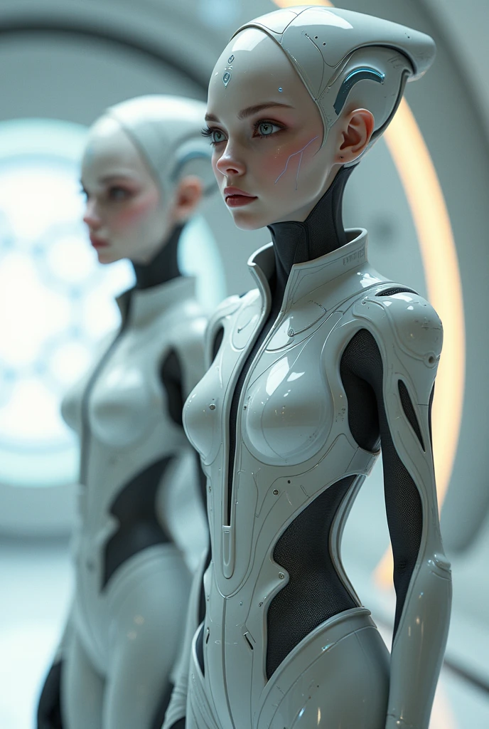 There are two people wearing futuristic costumes、woman wearing vr glasses, sci fi female character, sci-fi female, sci - fi character, smooth digital concept art, sci-fi android female, portrait beautiful sci - fi girl, Portrait of a sci-fi woman, Image of a beautiful bionic robot, Beautiful leather bodysuit, CG8K, flowing outerwear