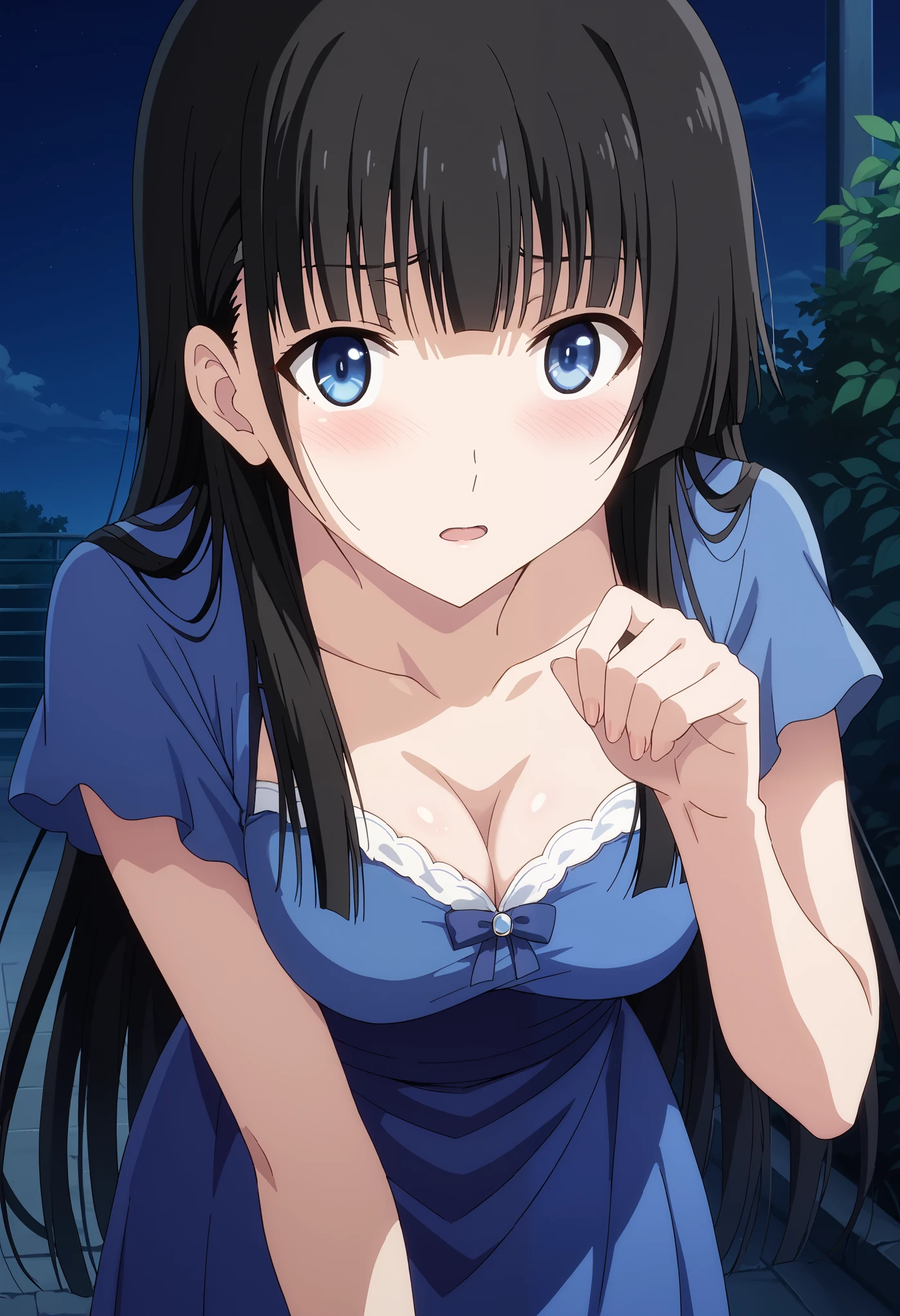 rea sanka (Reiya Sanka)、((bending forward pose))、navy blue short sleeve dress、((Close-up))、((angle from above))、(medium breasts)、Chest Valley、 is embarrassing、blush、Outdoors、 Ulchan-6500-v1.1, ( RAW photos :1.2),  beautiful detailed , very detailed目 美しい目, beautiful eyes、 Blue Eyes 、 large file size, high resolution, very detailed, top quality, [masterpiece:1.6], Awareness-raising, very detailed, CG, finely, top quality, 8K wallpaper,  Perfect Body 、dynamic、very detailed、long hair、 black hair