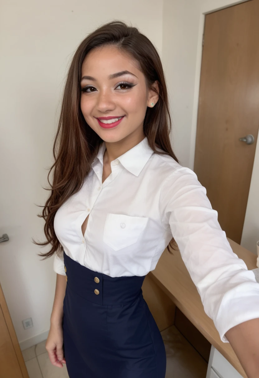 Mexican brunette woman, tan brown skin , she looks 35 years old , Straight brown hair is very long, side-swept hair, brushed ironed hair, , medium breasts, squashed eyes,petites, thin waist, black eyeliner, black eyeshadow, red lipstick, , thin waist, Wearing dress shirt with button, photo in an office, Beautiful smile, Big and cheerful smile , taking a selfie, natural lighting, low quality image , low amount of pixels, low resolution