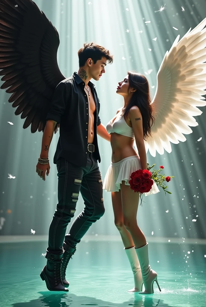 A strong man in a black shirt, white shorts and short blonde hair wearing glasses and a beautiful woman on the side wearing cropped tops, um short jeans, a white angel&#39;s wing and dark brown hair.
