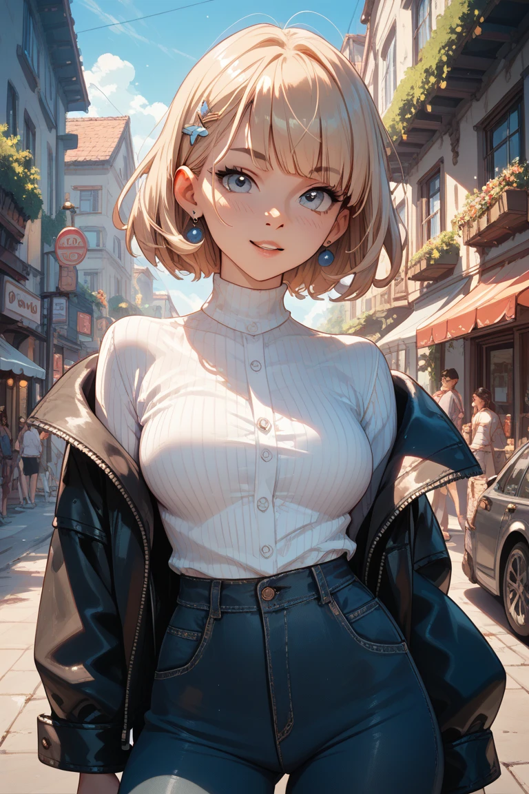 (masterpiece:1.2, top-quality), (realistic, photorealistic:1.4), beautiful illustration, (natural side lighting, movie lighting), 
looking at viewer, full body, 1 girl, japanese, 20 years old, perfect face, perfect body, cute and symmetrical face, shiny skin, babyface, bare arms, 
(long hair, wavy hair, sideburns, hair intakes, blond hair), swept bangs, gold eyes, big eyes, (medium breasts, seductive thighs), puffy nipple, , 
beautiful hair, beautiful face, beautiful detailed eyes, beautiful clavicle, beautiful body, beautiful chest, beautiful thigh, beautiful legs, beautiful fingers, 
((symmetrical clothing, beige turtleneck sleeveless knit, denim mini skirt), , necklace, earring), high heel, 
(beautiful scenery), evening, (city street), forward bends with emphasis on the chest, emphasis on the buttocks, (lovly smile, upper eyes), 