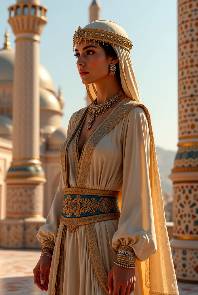 ultra highly detailed, 32k, sharp focus, luminism, detailed sky, a indian woman in a white and gold wedding dress standing on steps, white robe with gold accents, beige and gold tones, traditional beauty, very extremely beautiful, wearing ivory colour dress, dreamy and detailed, white and gold, intricate white and gold armor, white regal gown, white with gold accents, very beautiful enga style, white and gold color scheme, intricate outfit, side profile view, upper body shot, deep cleavage