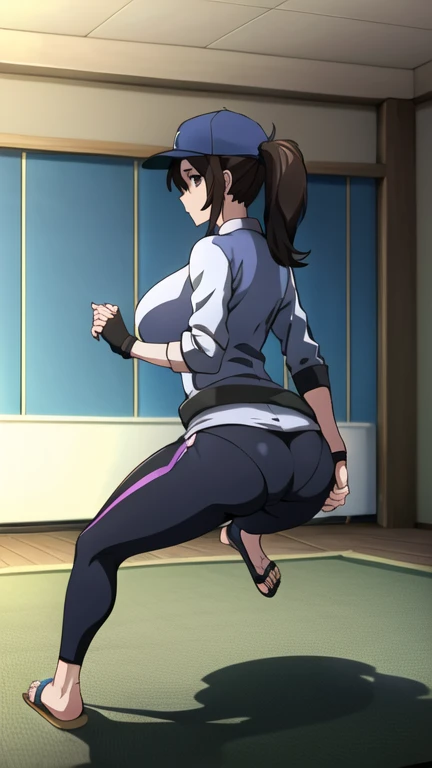Koyomi Mizuhara, brown hair, long hair, glasses, nose, white gym shirt, red tight biker shorts/White high cut thong over biker shorts, black high socks, shoes, medium breasts, wallpaper, luscious lips, curvy waistline, view from behind, standing, 90’s photo shoot, looking at viewer, evil smirking, tongue out, firm ass, athletic babe, abs, hands behind her back, looking back, checking out her ass