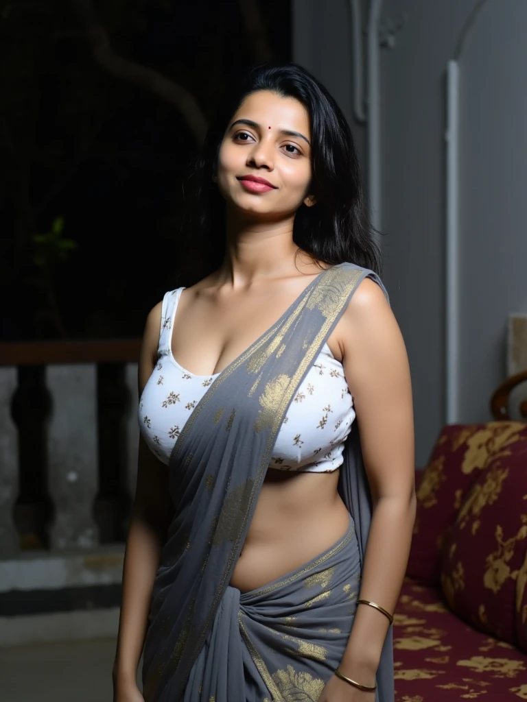 Portrait of A confident-looking indian  woman with bun of long and thick hair tied behind and covered with flowers, hazel eyes, wearing bra and a granny's panty, wearing mangalsutra, smile on face, lusty look, standing in bedroom, perfect composition, hyperrealistic, super detailed, 8k, high quality, trending art, trending on artstation, sharp focus, studio photo, intricate details, highly detailed, art by greg rutkowski