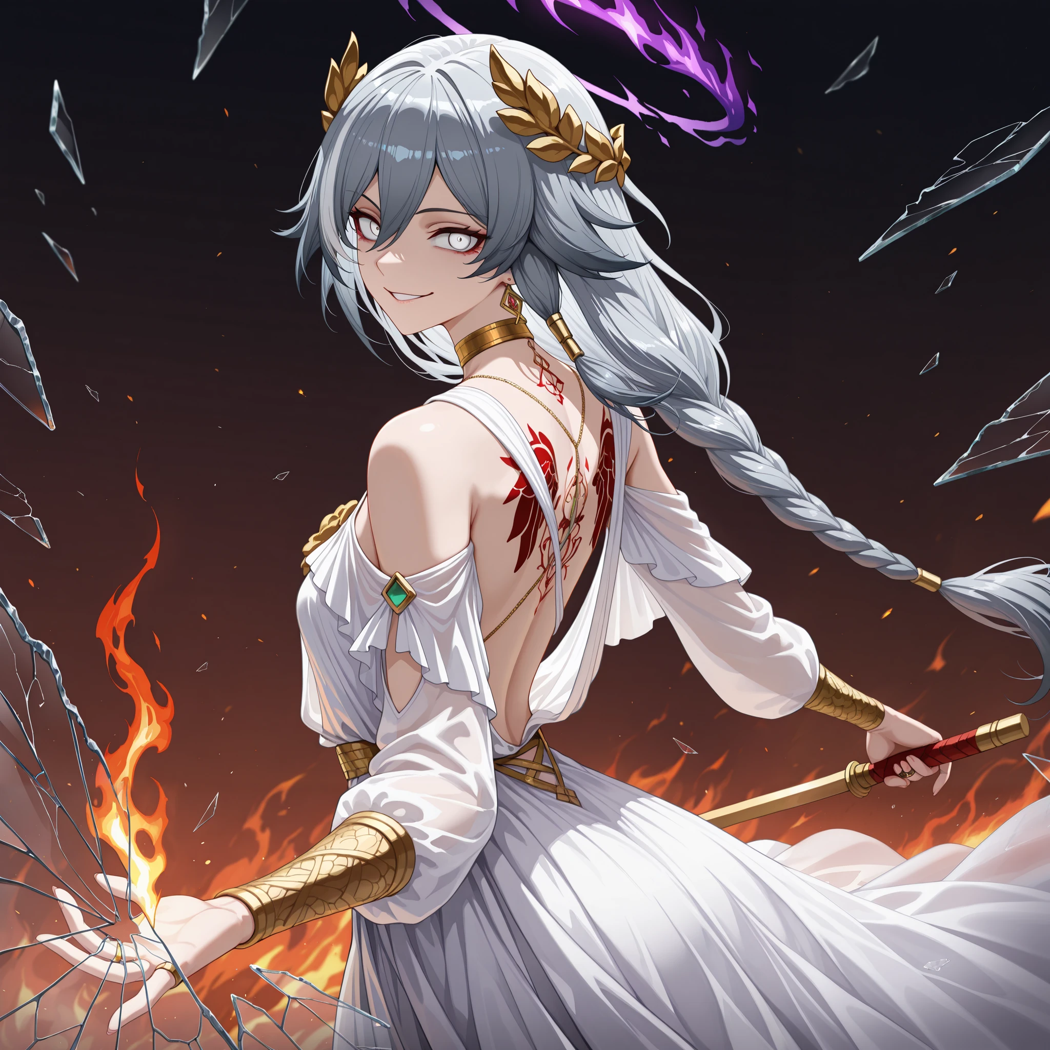 by [|inoitoh||arknights],
1girl, solo, alone, single character, chaotic background, magic aura background, (FuHua, Fol005, Fh_Hos:0.66), (side shot, dynamic shot, medium shot:1.2),fu hua, white and gold toga, gray hair, white hair braided hair, multicolored hair, white eyes, ring eyes, broken red and bleeding halo, greco-roman clothes, ancient greek clothes, gold choker, laurel crown, shattered body, ((shattered glass, broken glass:1.3), fallen angel aesthetic french dress:1.4), french royalty, french princess, french aristocrat, assassin's creed, (pyromania, abundant oceans of fire and flames, wielding purple energy, wielding golden energy:1.1), exposed back
looking at viewer, smirk, crazy smirk, evil villainous expression, hateful and crazy, crazy eyes, gesugao, yandere, purple flames, the power of dark and light, Celtic tattoos on her back and arms, shining hair,
(mature, exquisite detail, 8k, 4k, sharp focus, ultra-detailed, detailed background, absurdres, best quality, amazing quality, very aesthetic, high resolution, newest, hyper-detailed:0.78)
 