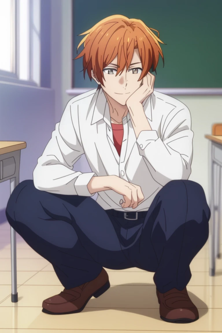 man, un man, short hair, orange hair brown eyes , navy blue school pants, white school dRess shiRt, Arrogant smile, squatting posture, En cuclillas, in a classroom, Sitting on the classroom floor, Anime by Sasaki Shummei, squatting posture