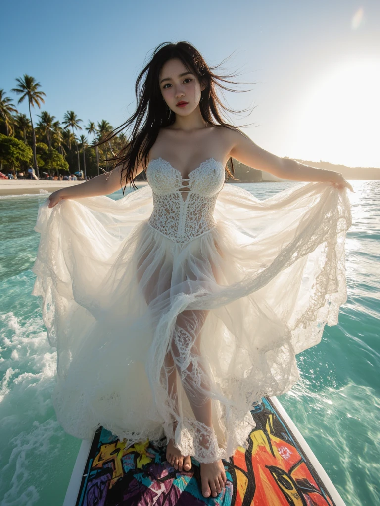 Highest quality, masterpiece, correct proportions, Asian girl, long brown hair slightly curly, ((big breasts)), (hip size), crown, earrings, necklace, jewelry, white translucent wedding dress, white transparent stockings, at the seaside, running, charming, full body, front, medium view, wide angle, pastel colors, summer, breeze, photos, highest resolution, 8K