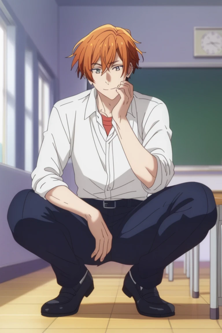 man, un  man, short hair, orange hair brown eyes , navy blue school pants, white school dRess shiRt,    Arrogant smile,  squatting posture, En cuclillas, in a classroom, Sitting on the classroom floor, Anime by Sasaki Shummei, squatting posture  