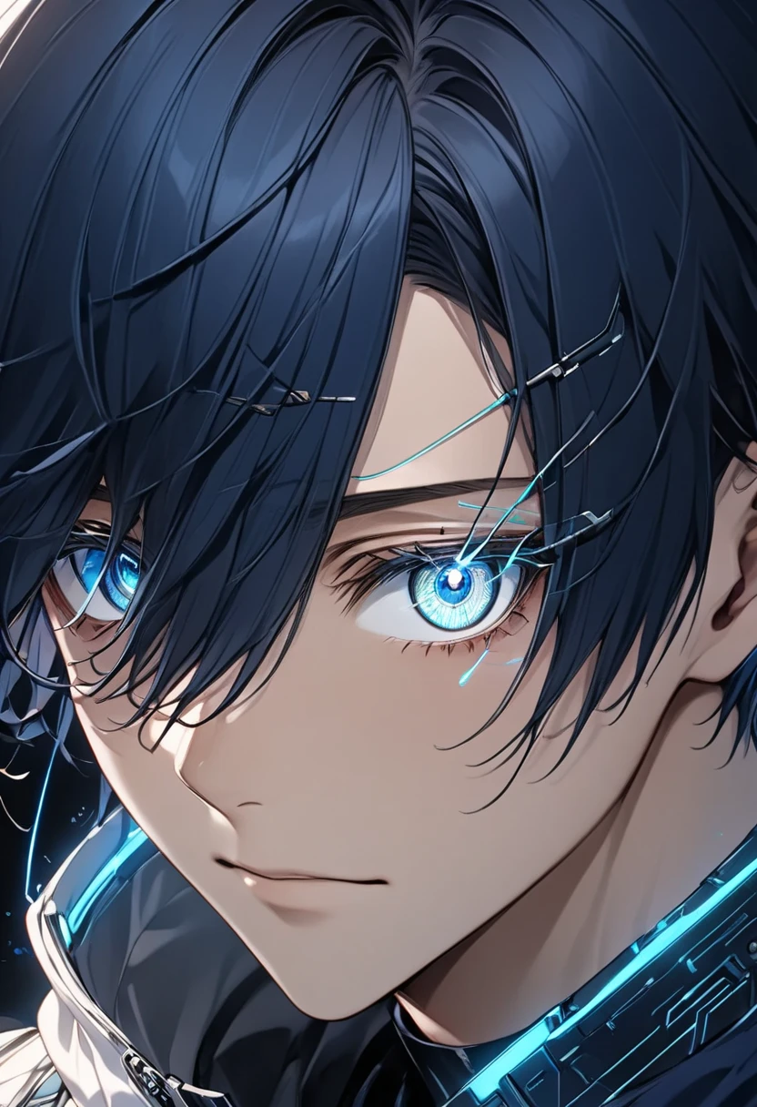 cybernetical eye, android young man, eye trail, Eyes that shine blue, blue afterglow in the eyes,