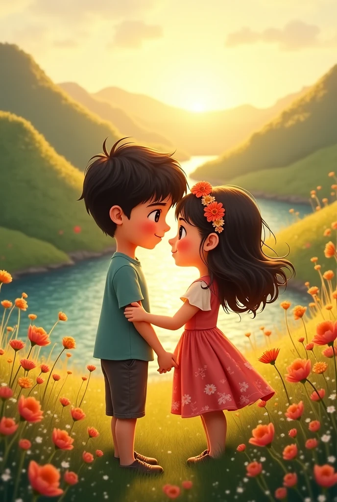 A girl is sitting in a green meadow at the evening and Swastika is written on her dress and next to her a boy is sitting with a bunch of flowers, both are of same ages and he proposed her in the evening time