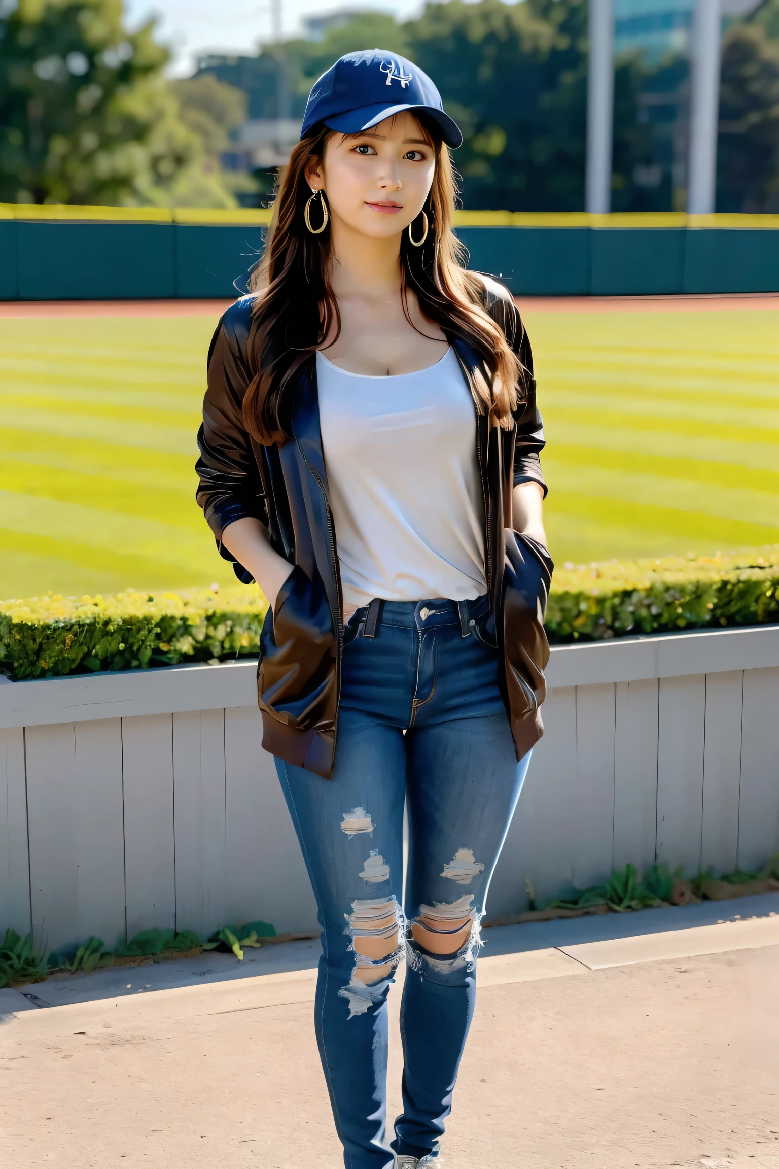  smile、Baseball cap、baseball uniform jacket、 Dodgers、hot pants、 wristband 、 ( 1 female ) 、Like々fresh skin　Shiny Melting Wet Skin Shiny Oiled Skin  , High image quality  , Baseball Stadium,
 1girl , brown hair, medium hair, brown eyes, full body, simple background, white background, 

break ,earrings、(full body:1.3)、

、 stylish hair 、 fluffy hair 、
 ( beautiful woman)， ( Detailed Facial Features :1.3),


break smile,
break (detailed skin:1.2),(shiny skin:1.1),8k,best quality, masterpiece, ultra high res, (Photorealistic:1.4), RAW photo,
break 1woman, 

