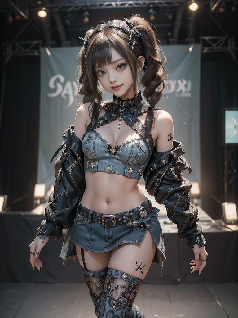 (Full body view:1.3)、(Side view:1.1)、(Smiling with teeth showing:1.3),(Shibuya Gal:1.5)、(Gothic Lolita style fashion:1.5)、(Punk RockVisual Kei:1.5)、(Wearing a rhythmic gymnastics bodysuit with intricate details:1.4)、(Racing suit and pants with delicate decorations in white, denim and charcoal:1.5)、(Denim and light blue and white boots:1.3)、((belt))、(Numerous delicate logo marks all over the costume:1.4)、(collar:1.3)、(Striped underwear:1.5)、20-year-old、NSFW、((Highest quality、In 8K、masterpiece:1.3))、Sharp focus:1.2、(Layered Cut、Huge boobs:1.1),Beautiful woman with perfect figure:1.4、(Dancing in an aerobics pose:1.3)、Slender Abs:1.2、Highly detailed face and skin texture、Detailed eyes、double eyelid,(Twin tails:1.3)、(Brown Hair:1.3)、Gravure idol、(The background is the stage of the fashion show:1.3)、(Slim Body:1.3),(Make your legs thinner:1.4),（clavicle:1.1）、(Thin and slim thighs:1.3)