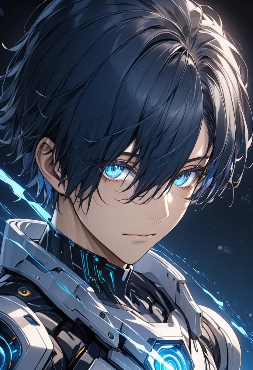 cybernetical eye, android young man, eye trail, Eyes that shine blue, blue afterglow in the eyes,