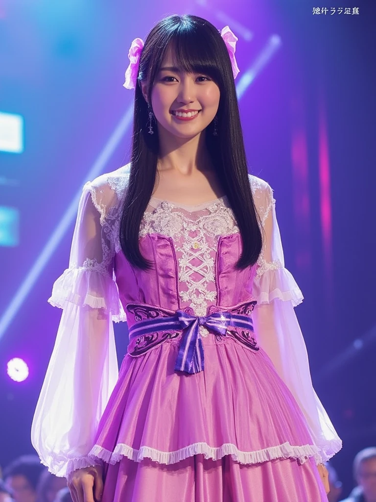 Highly Detailed, realistic image of a young woman、long, For black hair、style with 2 small pink ribbons on both sides. She is wearing a bright, transparent, sparkling pink short dress、it is layered, ruffle design with white frill edging on the sleeves and neckline. The front of the dress has intricate lace-up details, The girl's expression is bright and playful. Large, The girl's expression is bright and playful, in the background Performance-like vibe, confirm that the white and pink frills are alternating. She wears a bright, transparent, sparkling purple short dress with a mix of white and blue accents on the top of the,  Here's how to combine these elements ,  vibrant , idol-like appearance. The girl's expression is bright and playful, With a radiant smile , in both the performance and pose、The skirt is layered with multiple frills. Her outfit is shiny、shiny, It reflects the stage lights, Vivid, with a white ribbon tied to her waist. Some light is shooting all around, She has a microphone,  Head and thigh portrait  ,