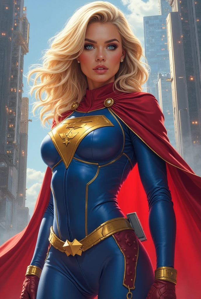 Blonde girl with blue eyes, With a serious expression, serious look, wearing a tight blue outfit tight to the body, defined chest, wearing a golden shoulder pad, wearing the United States flag as a cape