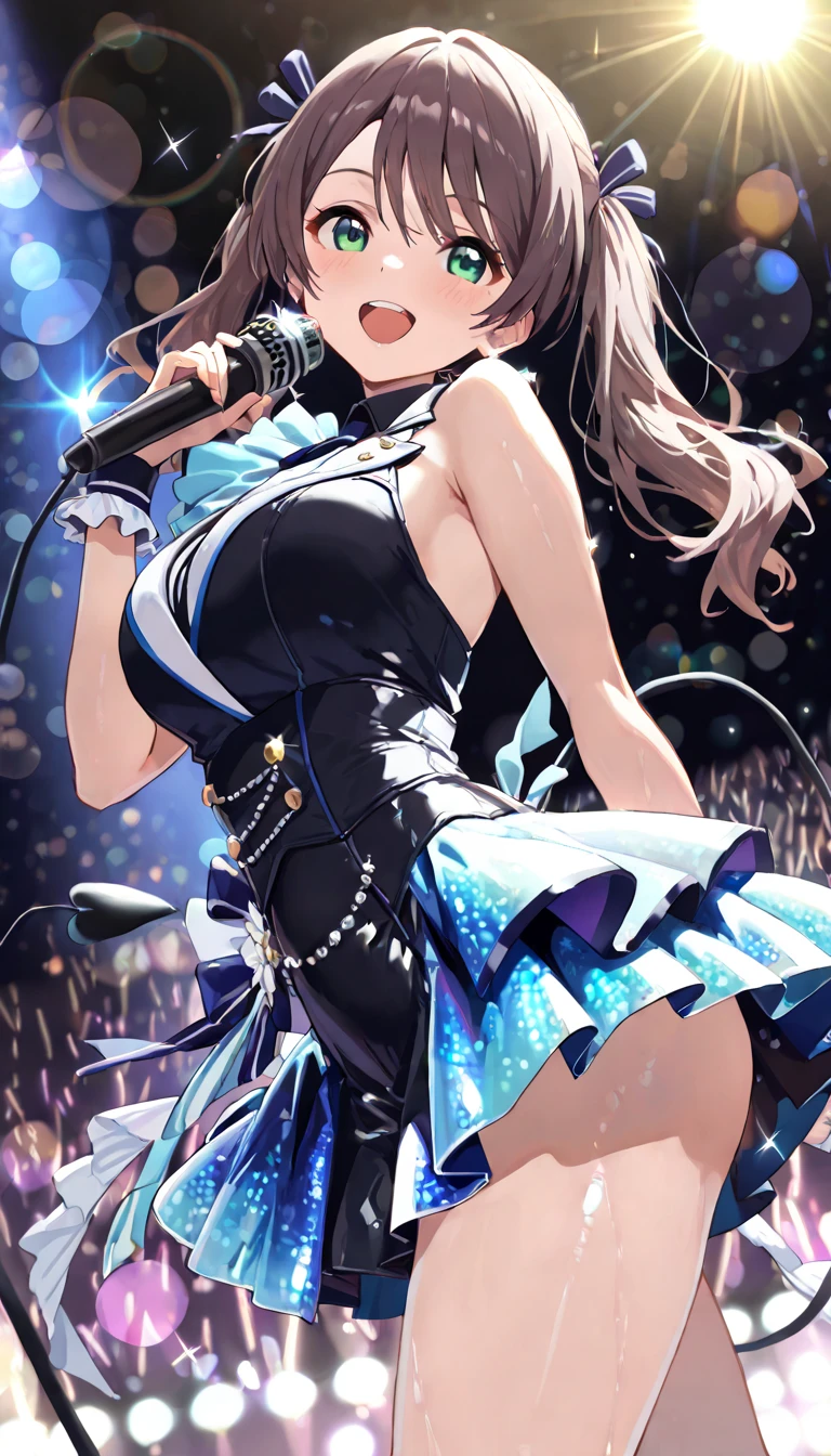 (Anime style:1.3), (Realistic, Photorealistic: 1.37), (Masterpiece, Best Quality: 1.37), (Ultra High Resolution: 1.2), (RAW Photo: 1.2), (Sharp Focus: 1.3), (Face Focus: 1.2), (Ultra Detailed CG Unified 8k Wallpaper: 1.2), (Beautiful Skin: 1.2), (pale Skin: 1.3), (Hyper Sharp Focus: 1.5), (Ultra Sharp Focus: 1.5), ( Beautiful pretty face: 1.3), (Japanese actress face:1.3), (super detailed background, detail background: 1.3), masterpiece, best quality, high res, ultra detailed, hyper sharp, absurdres, detailed face, white skin, real human skin, (detailed face), oval face, pores, from below, low angle, looking down the viewer, ultra high res, (8k, RAW photo, photorealistic:1.4), BREAK, 1girl, slim, (large-breast:1.37, cleavage), Illustration of a scene in which an idol singer is singing enthusiastically on a live stage.
The idol singer is standing in the center of the stage.
The idol singer is wearing a mini-skirt and boots.
The idol singer has her hair up and is wearing a headset.
The idol singer is holding a microphone and singing.
The idol singer's expression is serious and powerful.
The singer's voice is strong and beautiful.
Fans are gathered around the stage.
Fans are singing and dancing along with the idol singers.
The venue is filled with excitement.
This illustration shows the passionate live performance of an idol singer. Fans are fascinated by the idol singer's voice and performance. The venue is filled with excitement and the idol singer's live performance is a success.