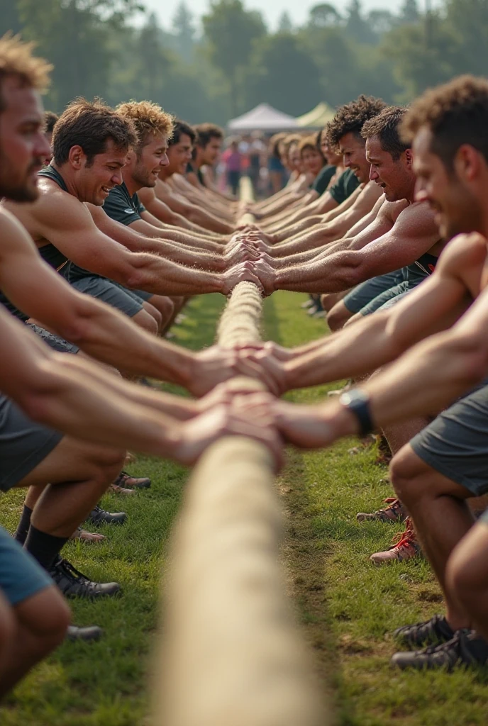 Create a image of playing Tug of war and having six players both side