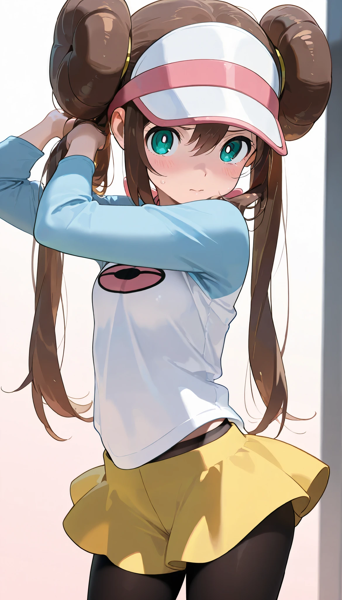 high resolution picture, masterpiece, best quality, amazing quality, solo, 1girl, rosa,pantyhose, pantyhose under shorts, raglan sleeves, skirt, yellow skirt, white shirt, blue sleeves, long sleeves, visor cap