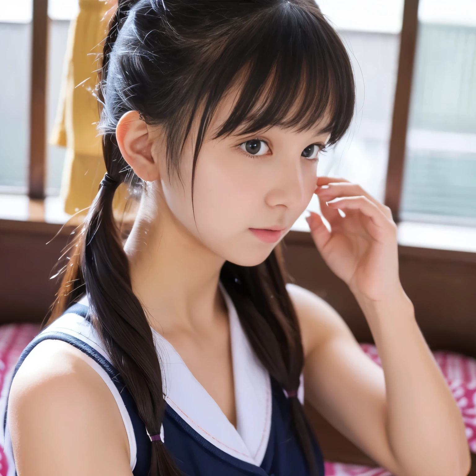(masterpiece, best quality:1.2), 8k, official art, raw photo, incredibly absurdres, 1girl,15 years old,(loli:1.0),(small brests:1.2),(skinny:1.2),high school student,beautiful girl,(short ponytails:1.2),akb48,nogizaka46, 1girl, solo, looking at viewer, (smile:1.2), bangs, black hair, sitting, ponytail, sky, (dildo:1.2), day, indoors, window, bed, on bed, curtains, ,bedroom,dildo,handjob,(serafuku:1.4), pov,