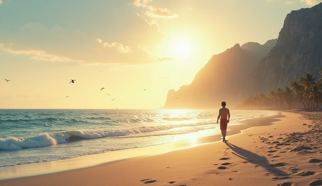 landscape of a sunset, night, perching on the bright sea, reflection of the sun on the sea on a beach, four friends in the sand making a bonfire (silhouettes seen in perspective against the sun) seen from the sand, perspective from the land towards the sunset. happy, beautiful red colorful sunset, hawaii