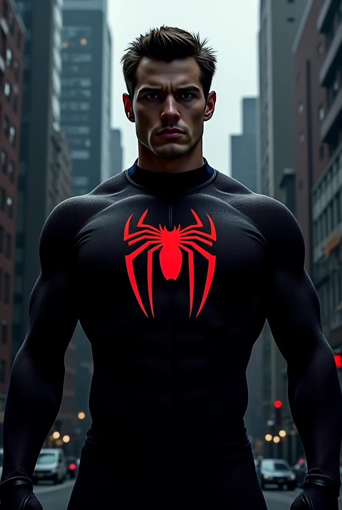 ((best quality)), ((masterpiece)), (detailed), the amazing Spider-Man, wearing plain black t shirt, at stadium terrace 